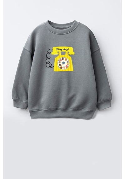 Monila Unisex Çocuk Telefon Baskılı 3 İplik Kumaş Pamuklu Sweatshirt Antrasit