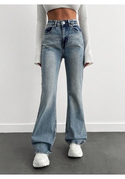 Herton Yüksek Bel İspanyol Paça Jean Pantolon - Eskitme Detaylı Full Pamuklu Flare Denim Royal Mavi