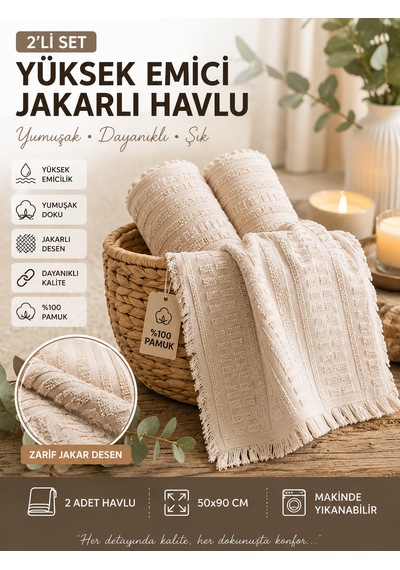 2'li Yüz Havlusu Seti 50x90 Cm Pamuklu El Havlusu Püsküllü Yumuşak Dokulu Yüksek Emici Günlük Kullanım Bej