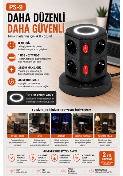 3680w Kablosuz Şarjlı Kule Priz 8 Ac Priz 1 Usb 2 Type-c Akım Korumalı Topraklamalı Çoklu Priz Ev Ofis Bilgisayar Gaming Şarj İstasyonu Ps-9