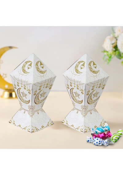 6lı Ramazan Şeker Hediye Kutusu, Beyaz&altın Ay, Yıldız, Fener Tasarımlı Şekerleme Kutusu, 7x7x12cm