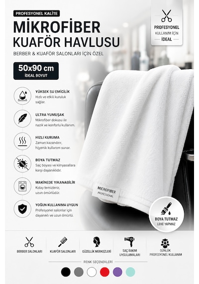 Naturıca Mikrofiber Havlu Kuaför Berber 6 Adet 50x90 Beyaz