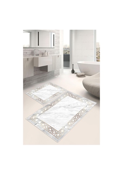 Dijital Baskı Klasik Kaymaz Taban 2li Set Banyo Paspası Klozet Takımı 50x60cm-60x100cm Gri