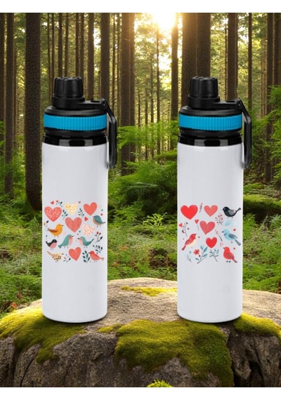Kuşlar Ve Kalpler Baskılı 2'li Mavi Kulplu Matara Suluk 850 Ml Beyaz