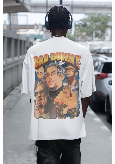 Bad Bunny Rapper Sırt Baskılı Unisex Oversize Şarkıcı Tişört Beyaz