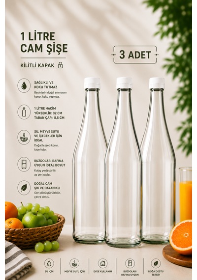 3 Adet Şerbetlik Beyaz Plastik Kapaklı Cam Şişe 1 Litre Şeffaf Sürahi Süt, Ayran, Su, Limonata Meşrubat Şişesi
