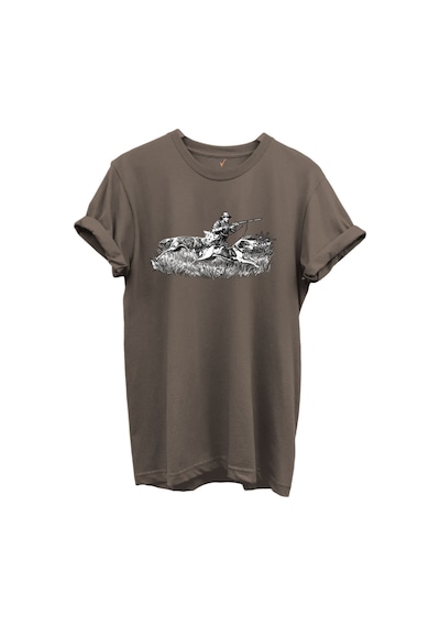 Outdoor Avcılık Avcı Ve Tazı Köpek Desenli %100 Pamuk Regular Fit Bisiklet Yaka Unisex T-shirt Kahverengi