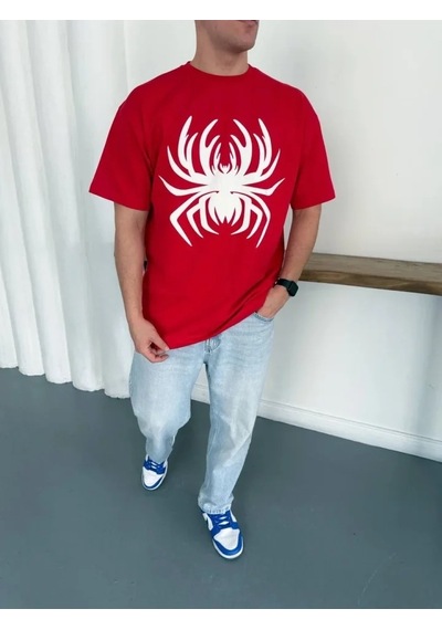 Defymoda Erkek Örümcek Baskılı Tişört Kısa Kollu Bisiklet Yaka T-shirt - Kırmızı