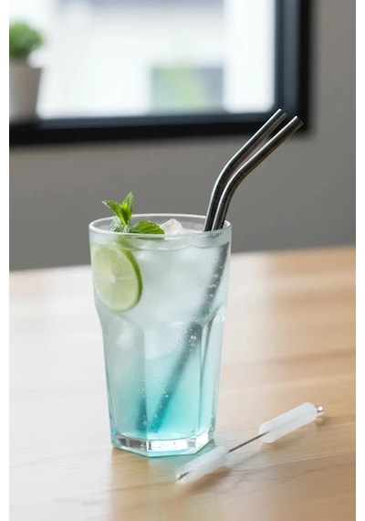 Miniso Lisanslı 3'lü Metal Pipet Seti 304 Paslanmaz Çelik Temizleme Fırçalı