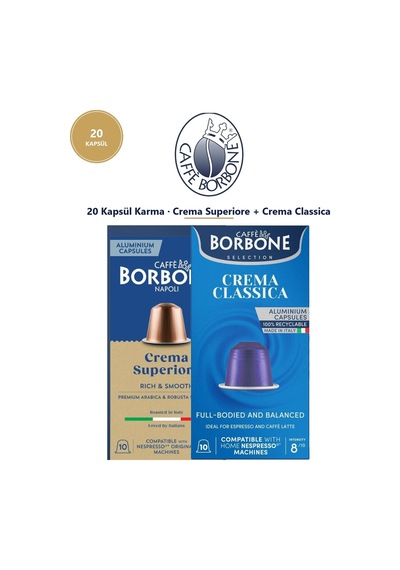 Caffe Borbone Crema Superiore & Crema Classica Nespresso Uyumlu 20'li Kapsül Kahve 2x10