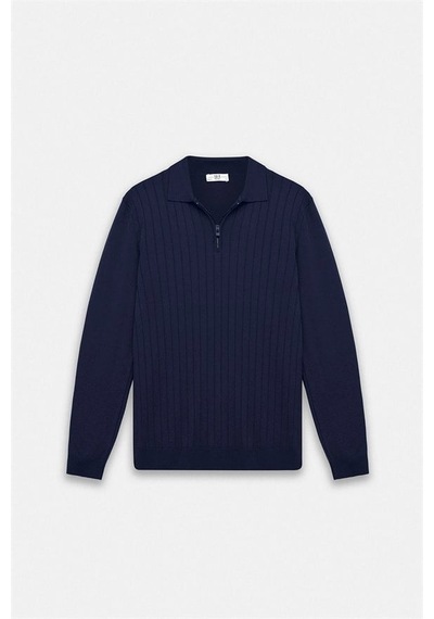 Süvari Lacivert Regular Dikey Çizgili Jakarlı Fermuarlı Polo Yaka Cepsiz Düz Kazak Str2013700041-m09