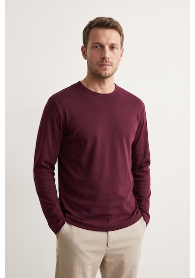Elemge %100 Pamuk Süprem Basic Erkek T-shirt Compact Penye Tok Yumuşak Kumaş Normal Kalıp Terletmez Uzun Kollu Bordo Sporcu Motorcu Tişört Body