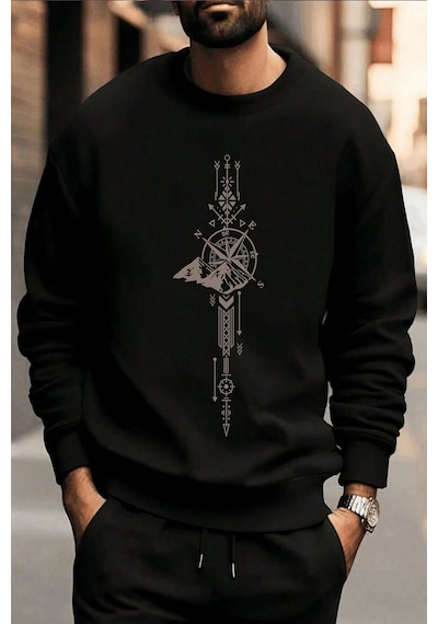 Uyguntarz Pusula Zaman Çizelge Baskılı Oversize Sweatshirt siyah