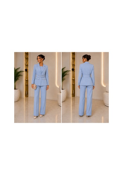 Gül&can Butik Beli Kemer Detaylı Kadın Ceket Pantolon Takım Bebe Mavisi Mavi