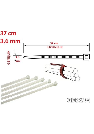 100 Adet 37cmx3,6mm Beyaz Plastik Cırt Kelepçe Kablo Bağı