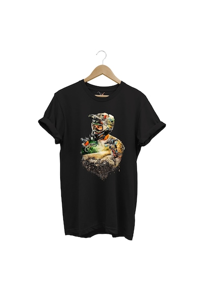Bisiklet Dağ Tırmanışı Kask Ve Bisiklet Orman Detay Tasarım Basklılı %100 Pamuk Regular Fit T-shirt Siyah