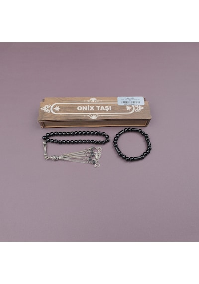 Oniks Doğal Taş Bileklik+ Tesbih Set Kahverengi Ahşap Kutulu