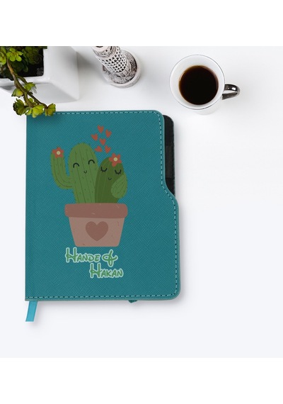 Kişiye Özel Kaktüs Tasarımlı Turkuaz Termo Deri Defter-11