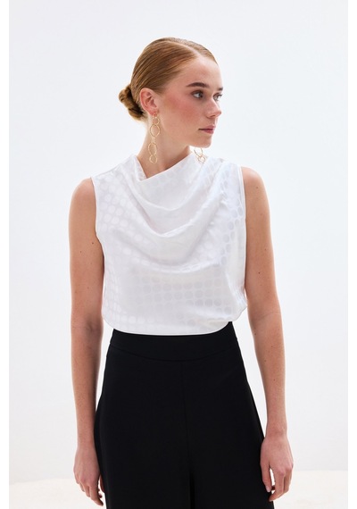 Sateen Puantiye Desenli Kolsuz Bluz - Ekru-136750 Ekru