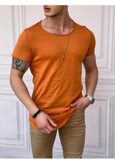 Modefendi Slim Fit Oval Kesim Pamuk Basic Tshırt Turuncu