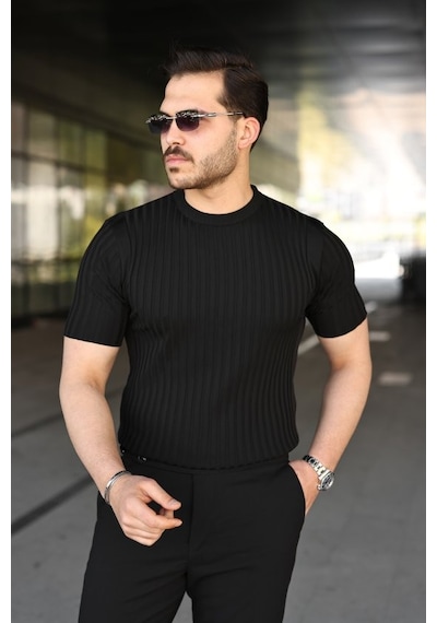 Veraura Lifestyle Erkek Fitilli Bisiklet Yaka Kısa Kollu Tişört Siyah