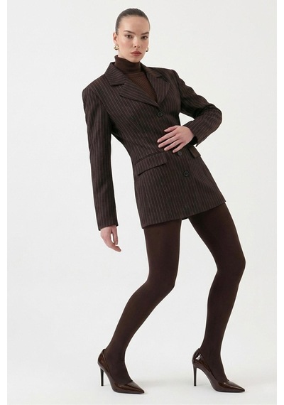 Holly Lolly Belden Oturmalı Çizgili Fit Kesim Karen Blazer Ceket Kahve