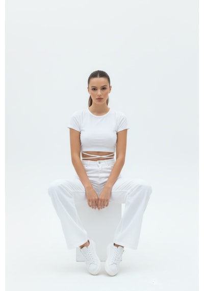 Woddi Nova Kadın Yüksek Bel Beyaz Salaş Jeans Wide Leg Geniş Paça Palazzo Kot Pantolon