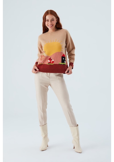 Peraluna Sunny Pullover El İşlemeli Desenli Kadın Triko Kazak Bej/kahve-çok Renkli Çok Renkli