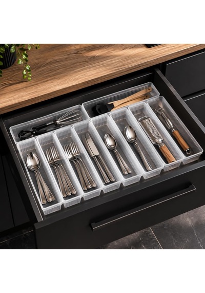 Tr 0382 10'lu Modüler Çekmece İçi Organizer Seti 30x7,5 Cm Şeffaf Mutfak, Kaşıklık, Çatal Bıçak Ve Makyaj Genel