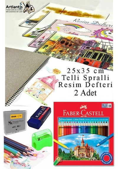 24 Renk Kuru Boya 25x35 Cm Telli Spralli Resim Defteri Hamur Silgi Kalemtraş 15 Yaprak Kuruboya Resim Defteri Kuruboya Çok Renkli