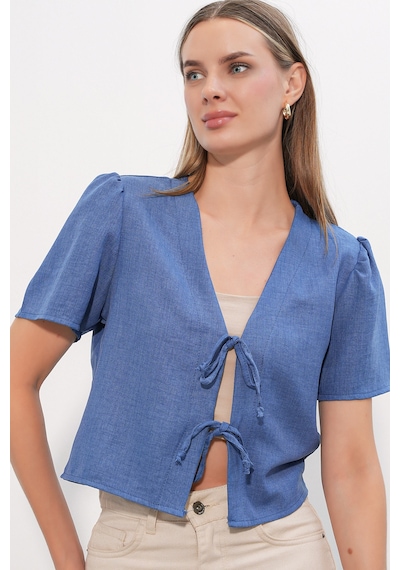 Bigdart Kadın Kısa Kol Crop Bluz 958 - İndigo Indigo