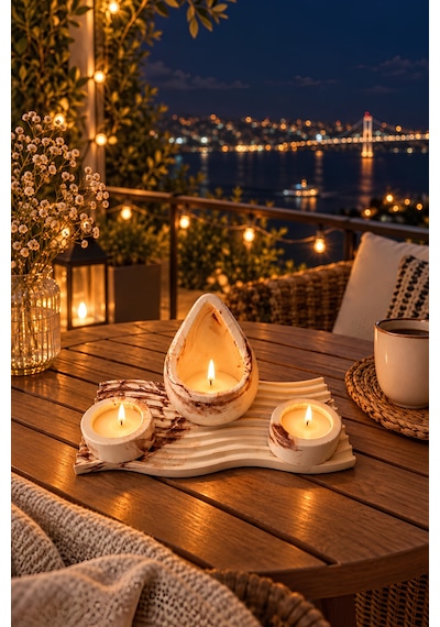 Tepsili Kandil Mum 4 Lü Set Beyaz - Kahverengi