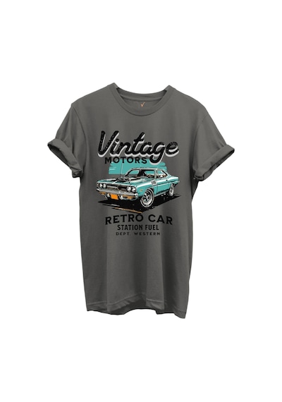 Vintage Motors Yazılı Retro Araba Baskılı %100 Pamuk Regular Fit Unisex T-shirt Gri