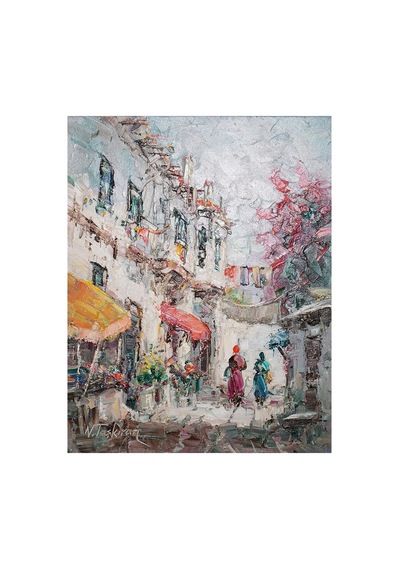 Sarı Tenteli Sokak Ve Yürüyen İki Kadın