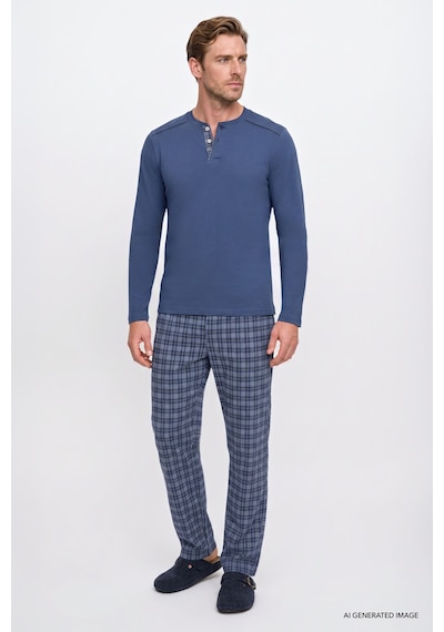 AC&Co / Altınyıldız Classics Erkek Indıgo %100 Pamuk Standart Fit Hakim Yaka Desenli Cepli Pijama Takımı İndigo