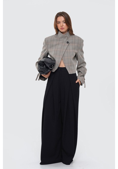 Thalure Kadın Kahverengi Dik Yaka Ekoseli Slim Fit Crop Ceket
