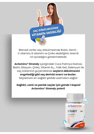 Actomins Strandy Saç Dökülmesine Karşı Takviye Edici Gıda 60 Kapsül