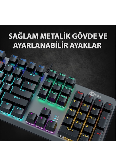 Lecoo GK301 USB Kablolu Blue Switch Makrolu RGB Gaming Mekanik Türkçe Q Klavye Metalik Gri