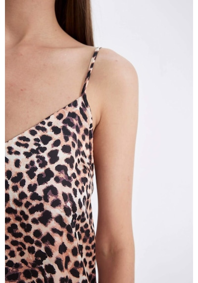 DeFacto Leopar Desenli V Yaka Saten Askılı Gecelik-Fall in Love D4407AX24HSBK81