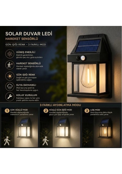 Ampul Model 3 Modlu Solar Led Duvar Lambası, Güneş Enerjili, Şarjlı Kablosuz Dış Mekân Apliği, Bahçe