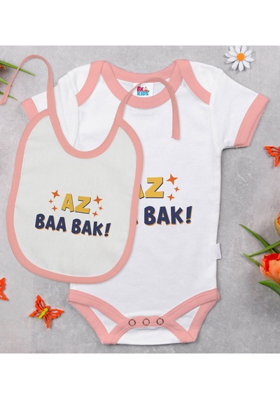 Bk Gift Bk Kids Az Baa Bak Tasarımlı Pembe Bebek Body Zıbın Ve Mama Önlüğü Hediye Seti-1 Çok Renkli