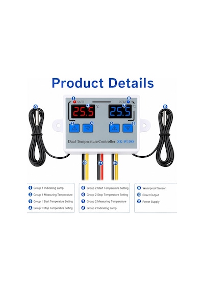 Xk-w1088 Ikili Dijital Sıcaklık Kontrollü Termostat 220v Ac 1500w Çift Sensörlü