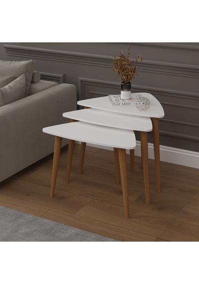 Asra Trend 3'lü Üçgen Zigon Sehpa Takımı SEHPA02 %100 MDF Ahşap Ayaklı Beyaz