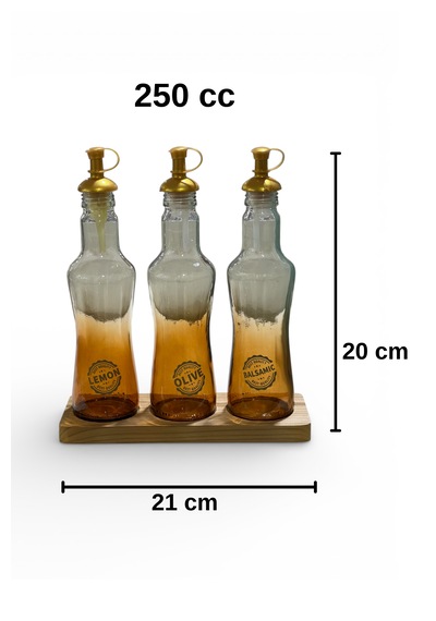 Ahşap Standlı 3 Lü Cam Yağdanlık Seti 250 Ml Zeytinyağı Sirkelik Limonluk Balsamic Şişe Şeffaf