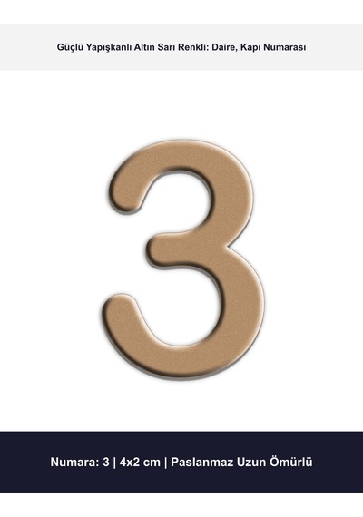 4x2 Cm Altın Sarı Renk Metal Kapı Numarası No 3 - Yapışkanlı Daire Ve Villa Numaratörü