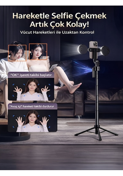 1500 Mah Led Işıklı 180 Cm Takip Özellikli Gimbal Tripod Selfie Çubuğu Bluetooth Kumandalı