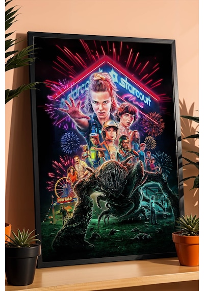 Stranger Things Premium Tasarım Çerçeveli Tablo - Eleven Ve Arkadaşları Sanatsal Duvar Dekoru Siyah