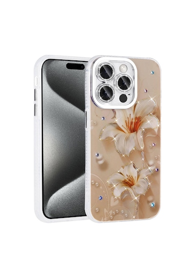Zore İphone 15 Pro Kılıf Çiçek Desenli Parlak Taşlı Sert Silikon Ogaa Garden Kapak - Pembe Açık