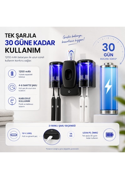 Uv Sterilizasyonlu Diş Fırçası Tutucu, Otomatik Diş Macunu Dispenseri, 4 Fırça Kapasiteli, 1200mah Şarjlı, Duvara Monte Siyah