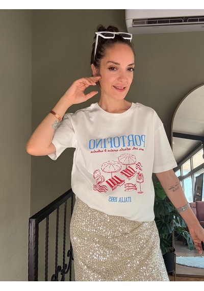 Ali Butik Ekru Portofino Baskılı Tişört